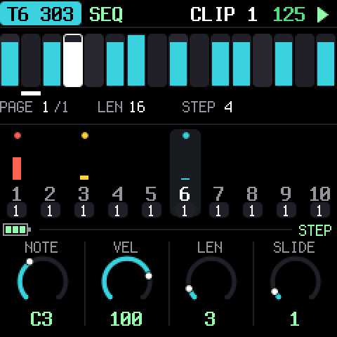 A 303 track: note, velocity, length and slide for the held step