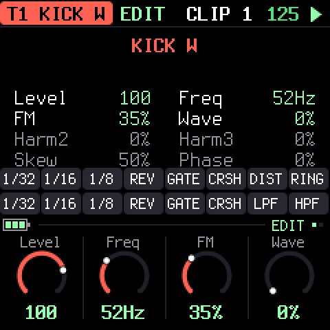 EDIT: the kick's frequency, FM, wave and level